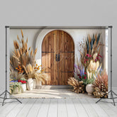 Lofaris Spring Boho Floral Retro Wooden Door Photo Backdrop