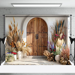 Lofaris Spring Boho Floral Retro Wooden Door Photo Backdrop