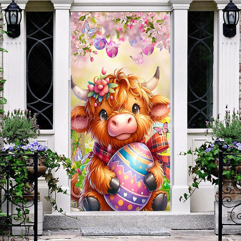 Lofaris Spring Color Floral Brown Cow Eggs Easter Door Cover