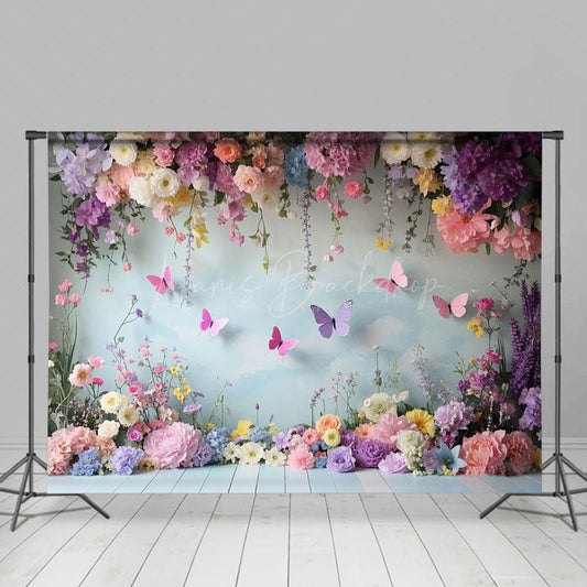 Lofaris Spring Colorful Floral Butterfly Cake Smash Backdrop