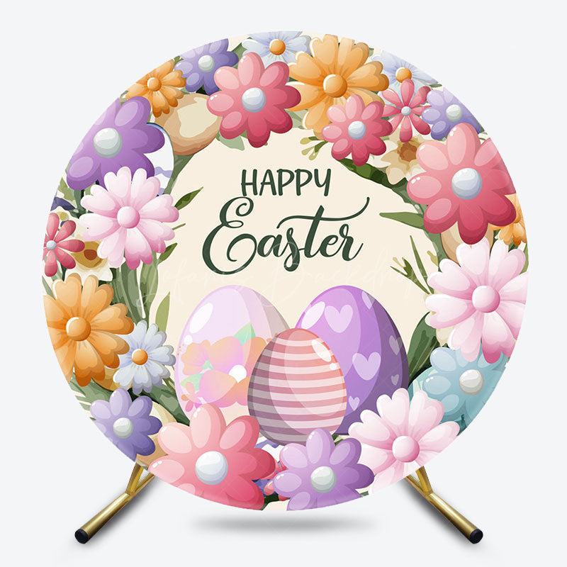 Lofaris Spring Colorful Floral Eggs Round Easter Backdrop