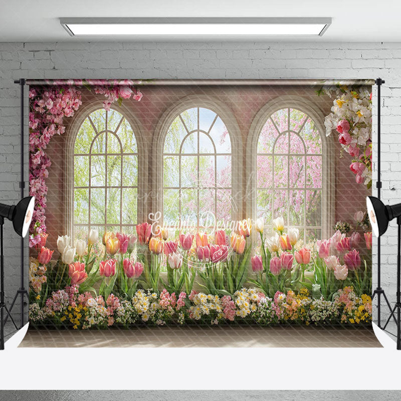 Lofaris Spring Colorful Floral Window Scene Photo Backdrop