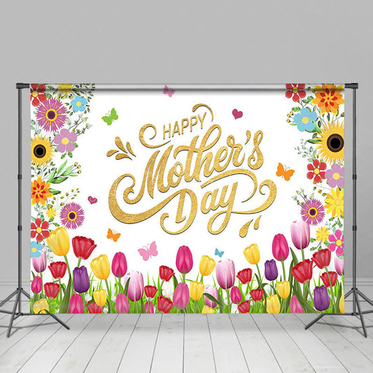 Lofaris Spring Colorful Tulip Gold Happy Mothers Day Backdrop