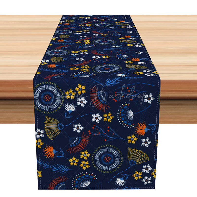 Lofaris Spring Dandelion Table Runner in Dark Blue Botanical Wildflower Print for Farmhouse Kitchen Decor