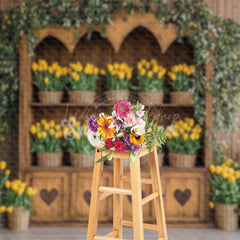 Lofaris Spring Design Wooden Cabinet Yellow Tulips Backdrop