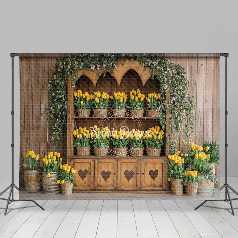 Lofaris Spring Design Wooden Cabinet Yellow Tulips Backdrop
