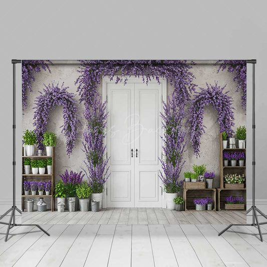 Lofaris Spring Doorway Photography Backdrop Purple Lavender and Rustic White Door French Countryside Studio Photo Prop
