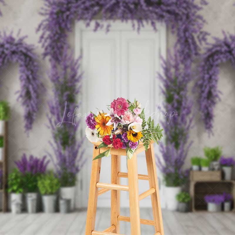 Lofaris Spring Doorway Photography Backdrop Purple Lavender and Rustic White Door French Countryside Studio Photo Prop