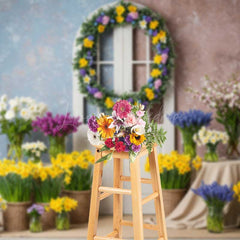 Lofaris Spring Doorway Photography Backdrop White Door with Daffodil Wreath Colorful Easter Floral Photo Studio Prop
