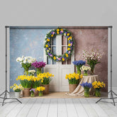 Lofaris Spring Doorway Photography Backdrop White Door with Daffodil Wreath Colorful Easter Floral Photo Studio Prop