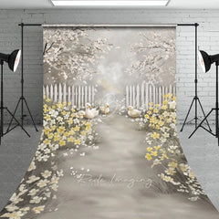 Lofaris Spring Ducklings Garden Path Backdrop White Fence and Yellow Flowers Blossom Scene Farm Animals Background