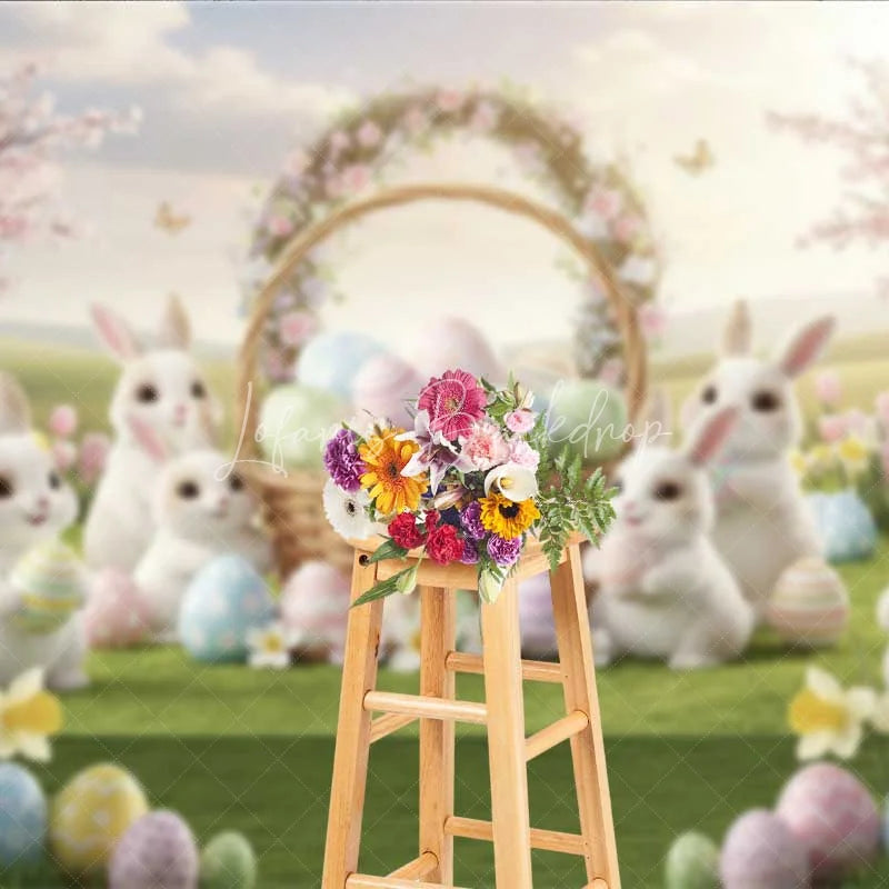 Lofaris Spring Easter Backdrop White Bunnies Flower Basket Colorful Eggs Photography Background Kids Holiday Decoration