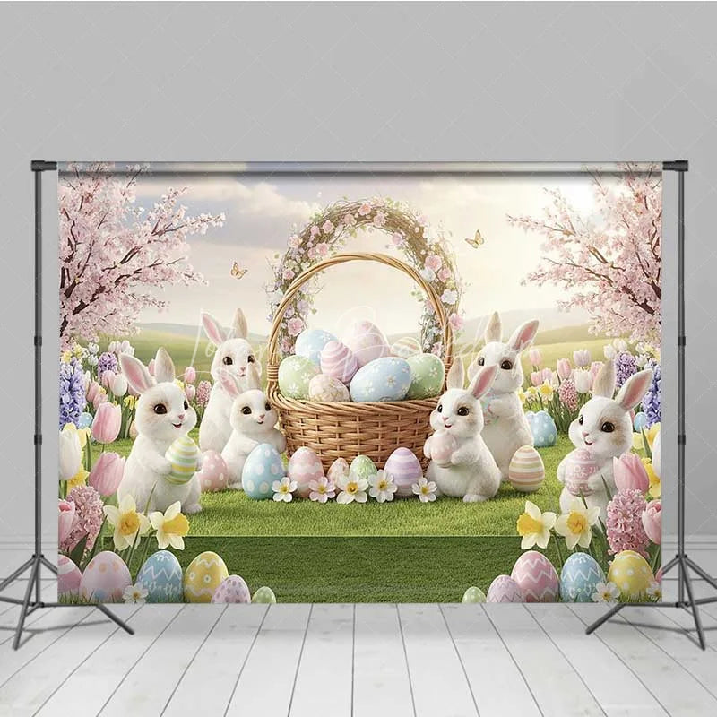 Lofaris Spring Easter Backdrop White Bunnies Flower Basket Colorful Eggs Photography Background Kids Holiday Decoration