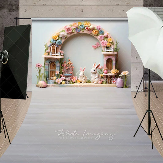 Lofaris Spring Easter Bunny Floral Arch Backdrop Pastel Eggs Light Wood Floor Photography Background for Kids Portrait