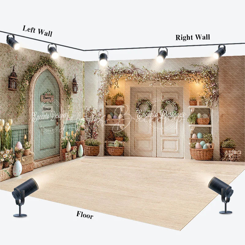 Lofaris Spring Easter Bunny House Room Set Backdrop Floral Door Pastel Eggs Studio Photography Background