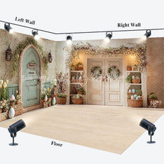 Lofaris Spring Easter Bunny House Room Set Backdrop Floral Door Pastel Eggs Studio Photography Background