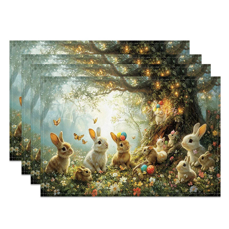 Lofaris Spring Easter Bunny Set of 4 Placemats Rabbits in Green Forest Enchanted Garden Holiday Table Mats
