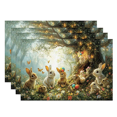 Lofaris Spring Easter Bunny Set of 4 Placemats Rabbits in Green Forest Enchanted Garden Holiday Table Mats