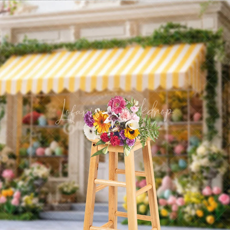 Lofaris Spring Easter Egg Storefront Photography Backdrop Yellow Striped Awning and Tulips Studio Background