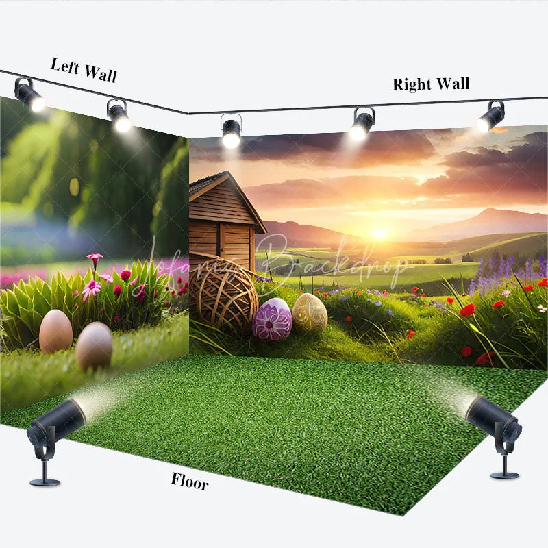 Lofaris Spring Easter Room Set Backdrop Sunset Farm Barn Eggs Green Grass Background Nature Scenery Photography Prop