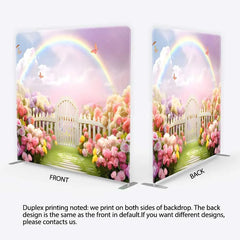 Lofaris Spring Fairy Garden Tension Fabric Backdrop Rainbow and White Picket Fence Flower Party Decorations