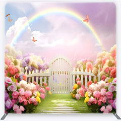 Lofaris Spring Fairy Garden Tension Fabric Backdrop Rainbow and White Picket Fence Flower Party Decorations