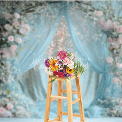 Lofaris Spring Floral Arch Photography Backdrop Blue Drapes with Pink Roses Bokeh Lights Wedding Photo Background