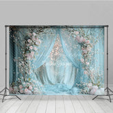 Lofaris Spring Floral Arch Photography Backdrop Blue Drapes with Pink Roses Bokeh Lights Wedding Photo Background