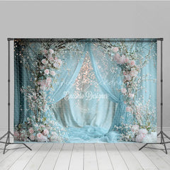 Lofaris Spring Floral Arch Photography Backdrop Blue Drapes with Pink Roses Bokeh Lights Wedding Photo Background