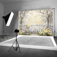 Lofaris Spring Floral Bicycle Backdrop White Fence and Yellow Flowers Photography Background for Bridal Shower Event
