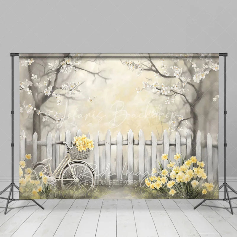 Lofaris Spring Floral Bicycle Backdrop White Fence and Yellow Flowers Photography Background for Bridal Shower Event