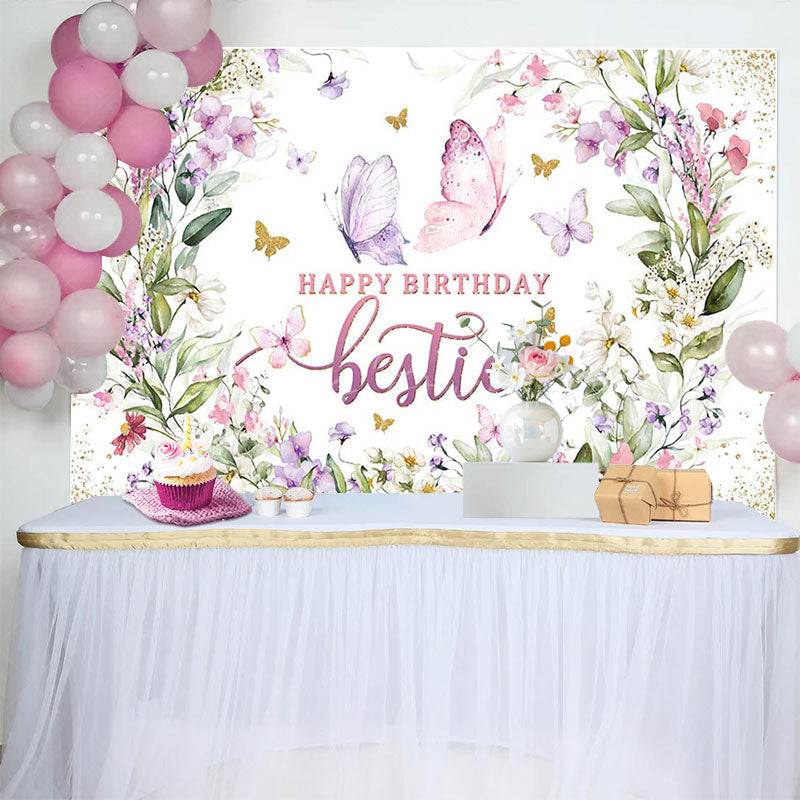 Lofaris Spring Floral Butterfly Happy Birthday Bestie Backdrop