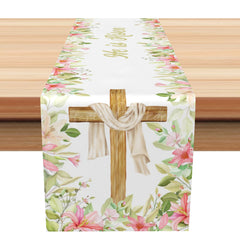 Lofaris Spring Floral Greenery Cross Easter Table Runner