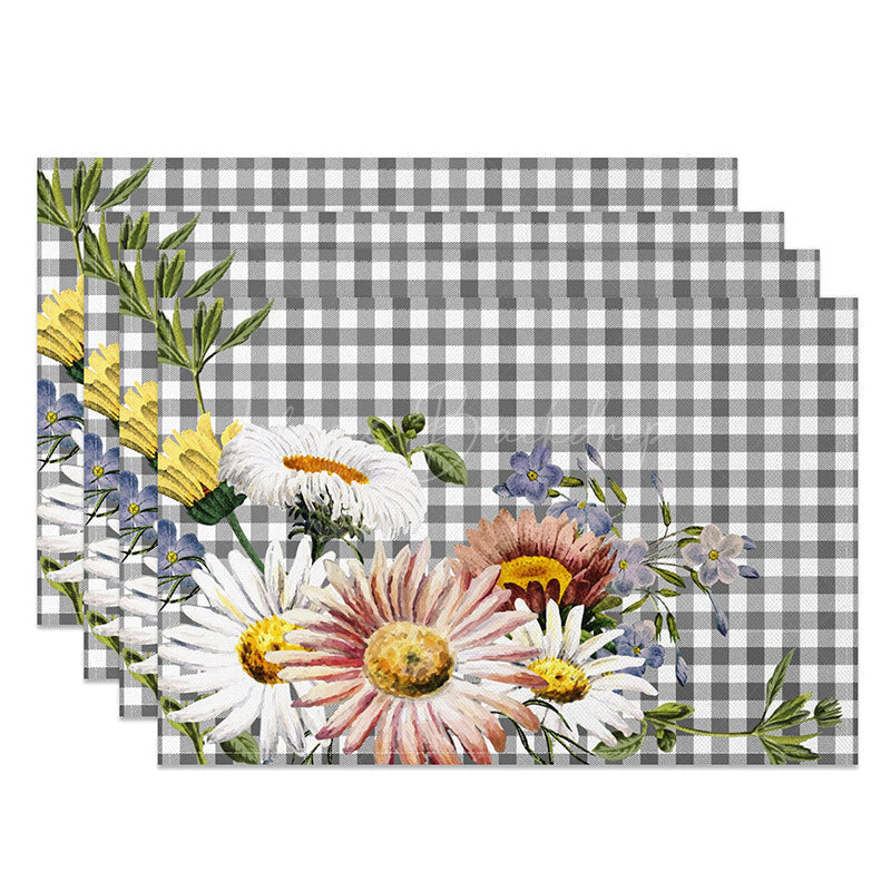 Lofaris Spring Floral Grey and White Plaid Set of 4 Placemats for Farmhouse Kitchen Garden Party Table Decor