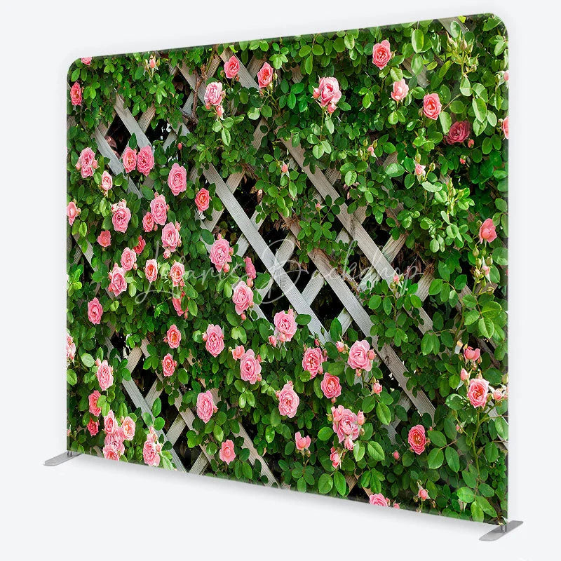 Lofaris Spring Floral Lattice Tension Fabric Backdrop Pink Roses Green Climbing Plants Garden Theme Party Photo Decoration