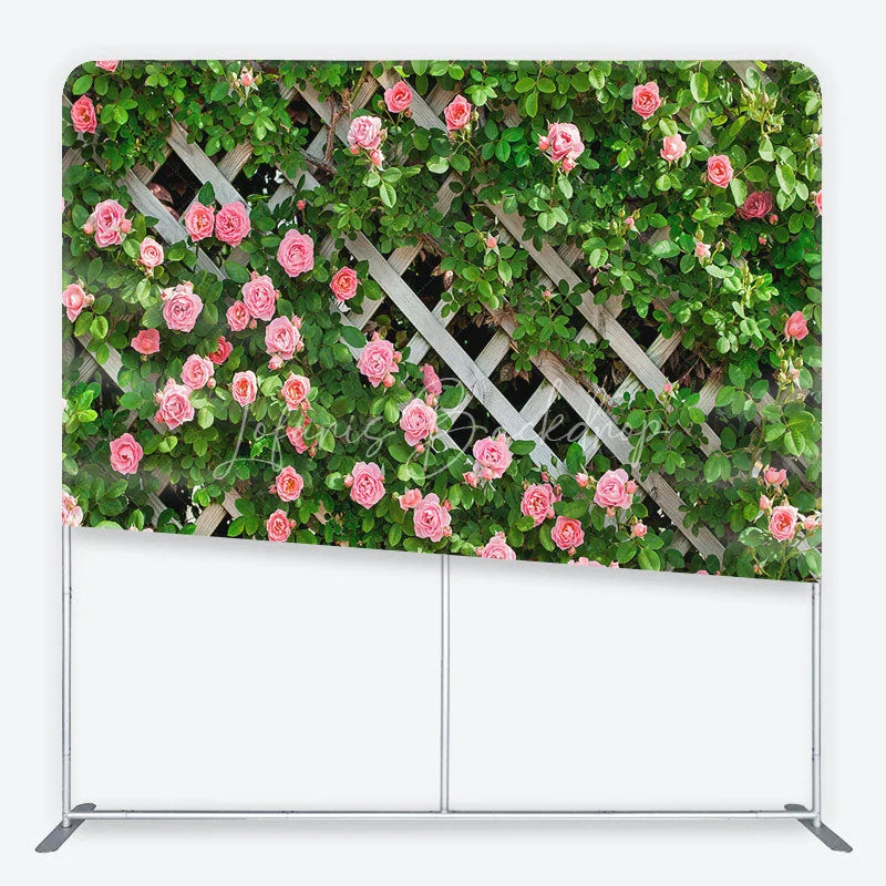 Lofaris Spring Floral Lattice Tension Fabric Backdrop Pink Roses Green Climbing Plants Garden Theme Party Photo Decoration