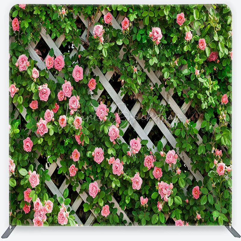 Lofaris Spring Floral Lattice Tension Fabric Backdrop Pink Roses Green Climbing Plants Garden Theme Party Photo Decoration