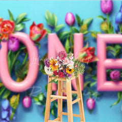 Lofaris Spring Floral One Birthday Photography Backdrop Pink Tulip Flower First Photo Background Garden Cake Smash Prop