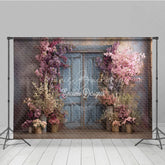 Lofaris Spring Floral Photography Backdrop Blue Rustic Door with Pink Blossoms Fine Art Painterly Photo Background