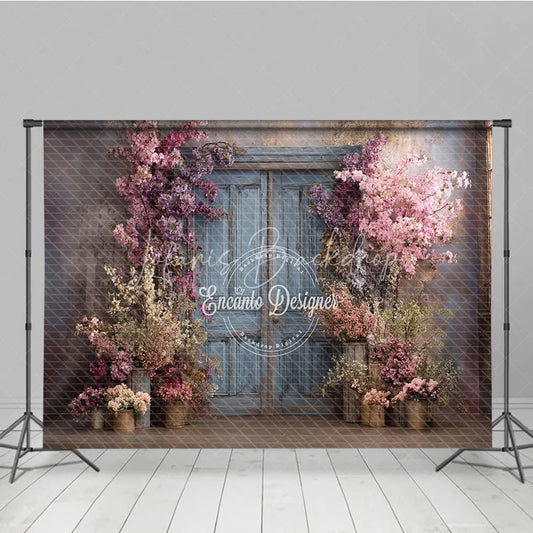 Lofaris Spring Floral Photography Backdrop Blue Rustic Door with Pink Blossoms Fine Art Painterly Photo Background