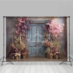 Lofaris Spring Floral Photography Backdrop Blue Rustic Door with Pink Blossoms Fine Art Painterly Photo Background