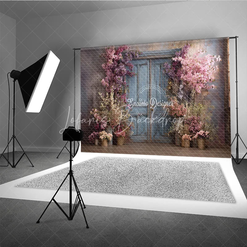 Lofaris Spring Floral Photography Backdrop Blue Rustic Door with Pink Blossoms Fine Art Painterly Photo Background