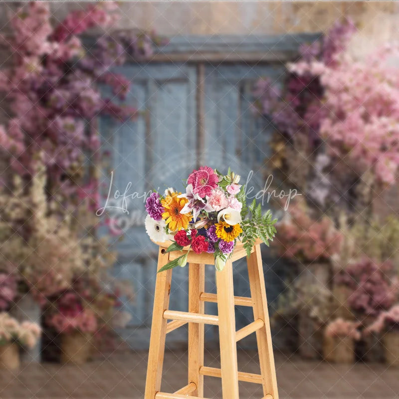 Lofaris Spring Floral Photography Backdrop Blue Rustic Door with Pink Blossoms Fine Art Painterly Photo Background