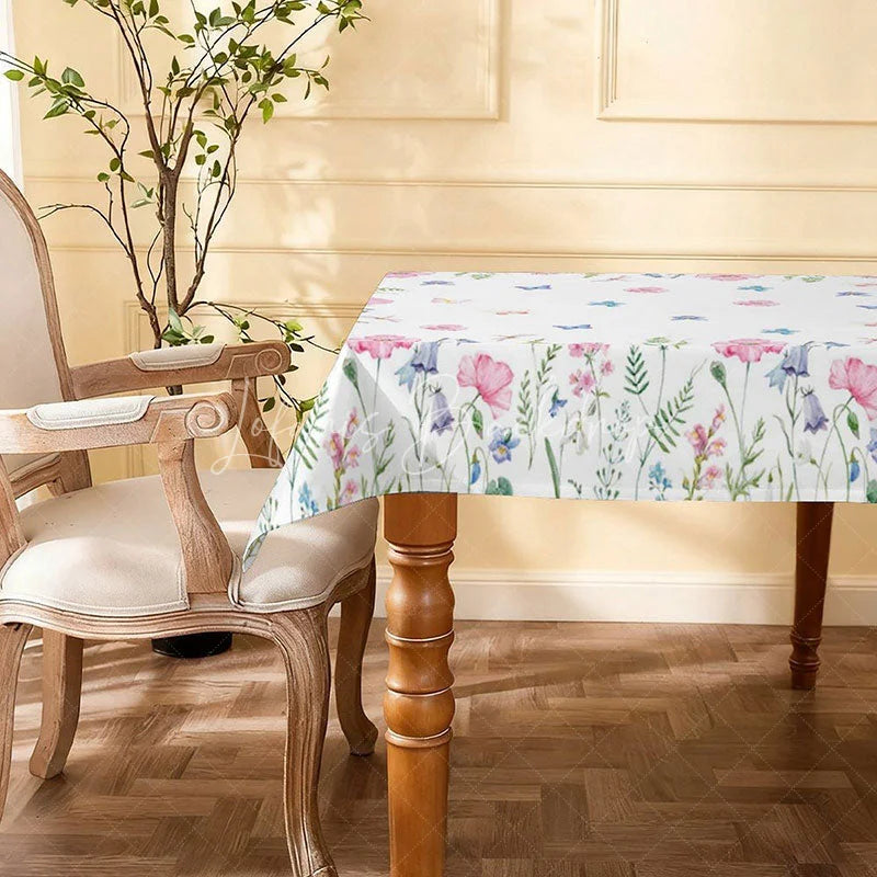 Lofaris Spring Floral Rectangle Tablecloth Pink and Blue Wildflowers Butterflies Summer Party Decor