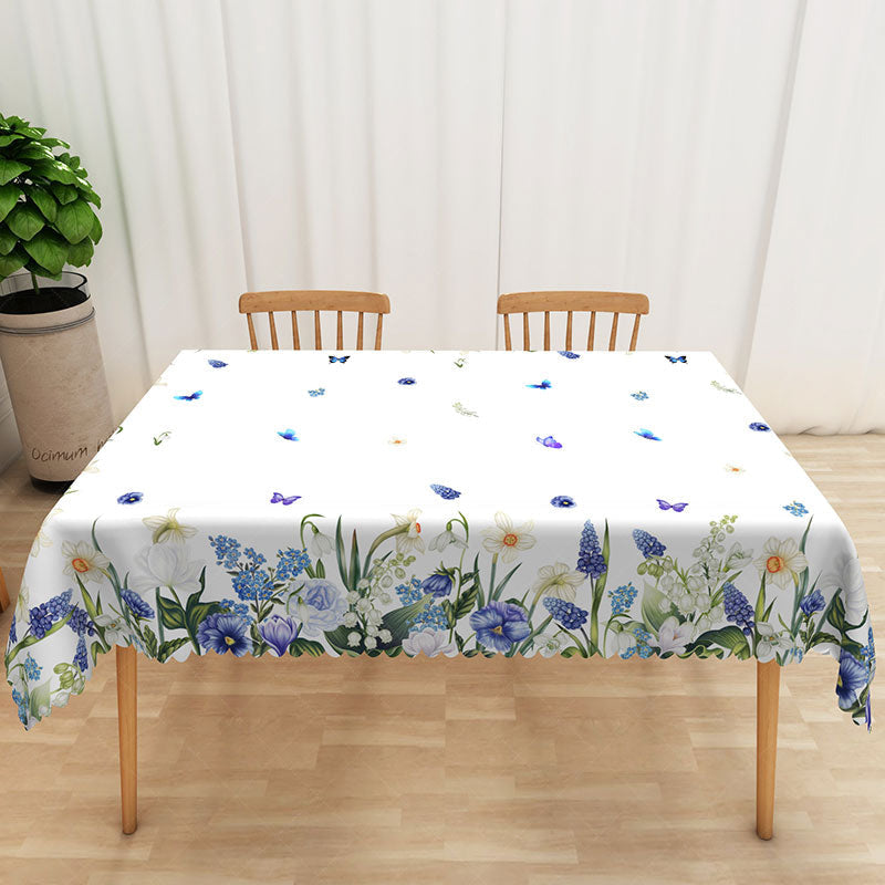 Lofaris Spring Floral Rectangle Tablecloth with Blue Flowers and Purple Butterflies for Enchanted Garden Party