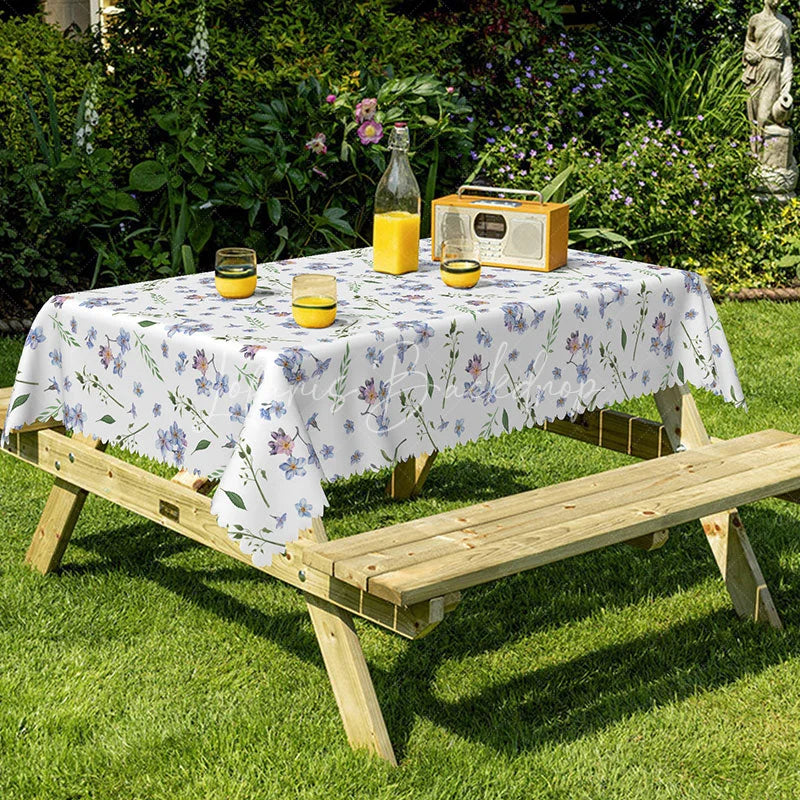 Lofaris Spring Floral Rectangle Tablecloth with Purple Forget-Me-Nots Simple Botanical Print on White Garden Decor