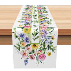 Lofaris Spring Floral Stripe Table Runner with Blooming Flowers and Leaves for Garden Party Kitchen Decor