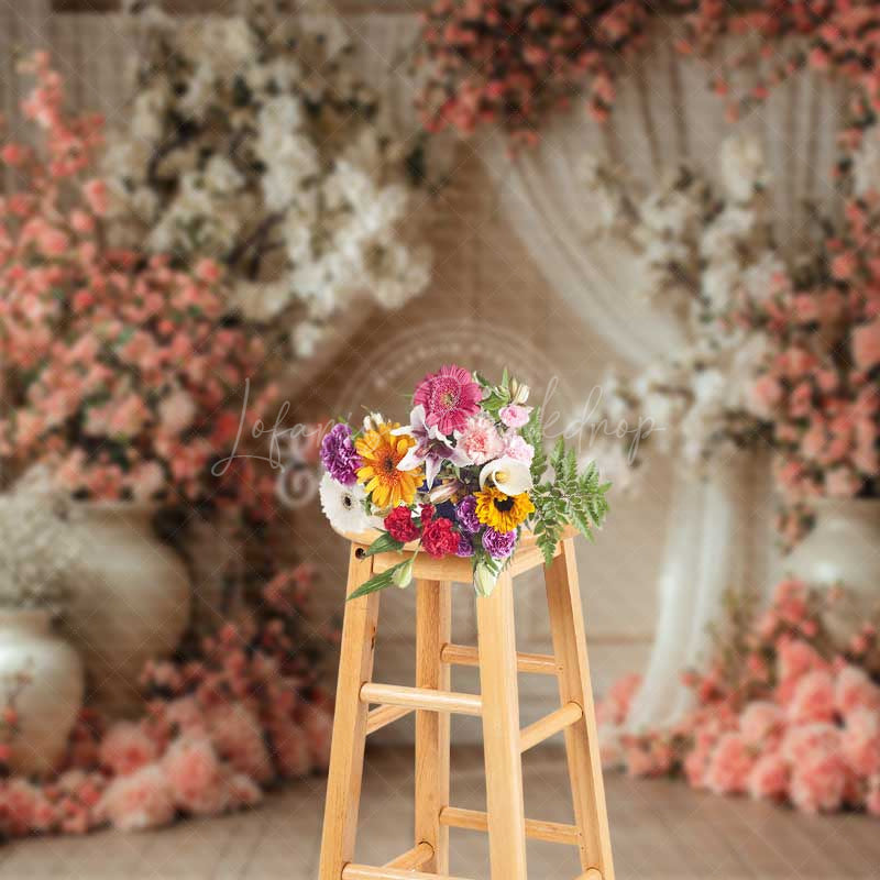 Lofaris Spring Floral Studio Backdrop with Pink and White Flowers in Vases Elegant Wedding or Portrait Photography Prop