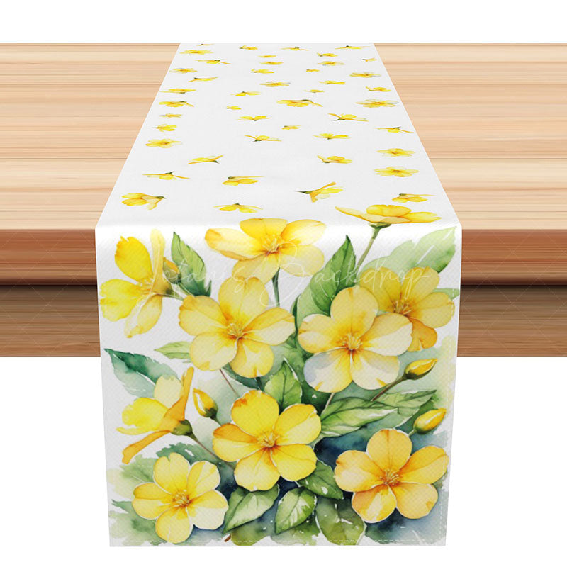 Lofaris Spring Floral Table Runner with Painted Yellow Flowers and Green Leaves for Easter Kitchen Decor