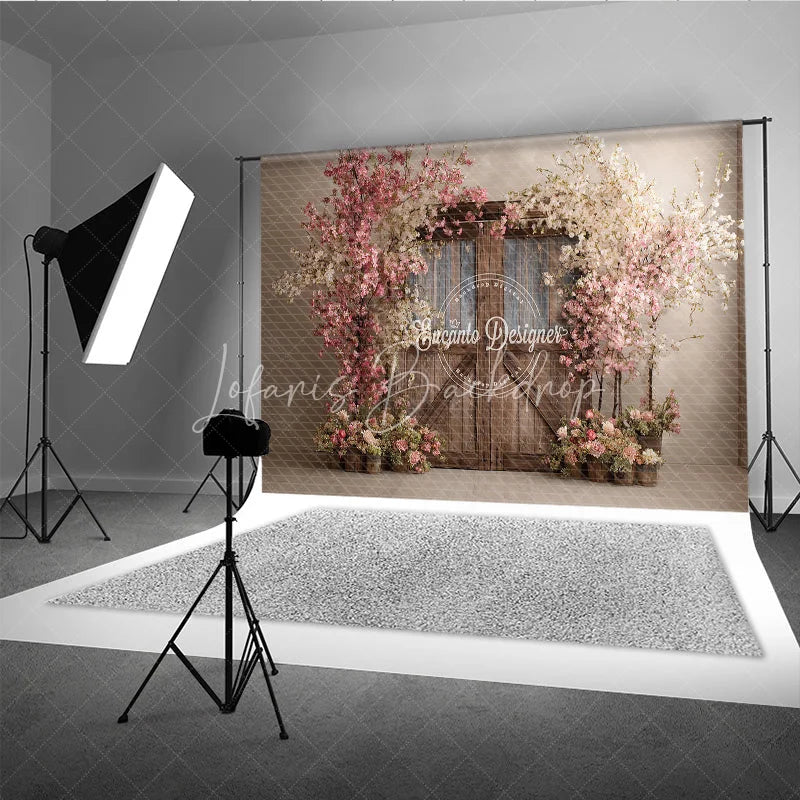 Lofaris Spring Floral Wedding Backdrop Rustic Barn Door with Cherry Blossoms Pink Flower Tree Bridal Shower Photo Props